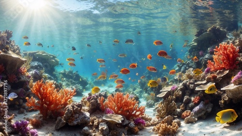 A vibrant coral reef teeming with life, colorful tropical fish darting through the sunlit, crystal-clear waters.