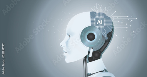 AI humanoid head side view, AI microchip brain and Concept of artificial intelligence(AI). Graphic of a digital brain made from circuit board, on grey background.