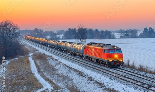 Red freight train with tankers passing snowy landscape at sunset