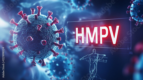 blueprint of lungs and virus in the background, Human metapneumovirus or HMPV similiar as covid 19 virus, Microscopic view of HMPV Human metapneumovirus with medical instrument. photo