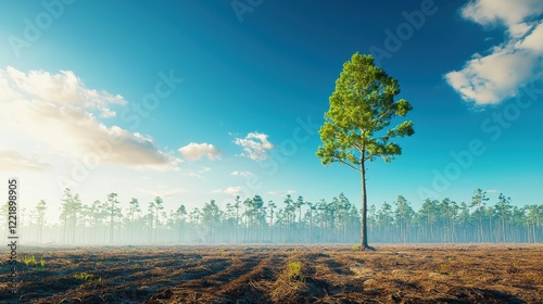 World Meteorological Day style. Lone tree in a misty landscape under a clear blue sky. photo