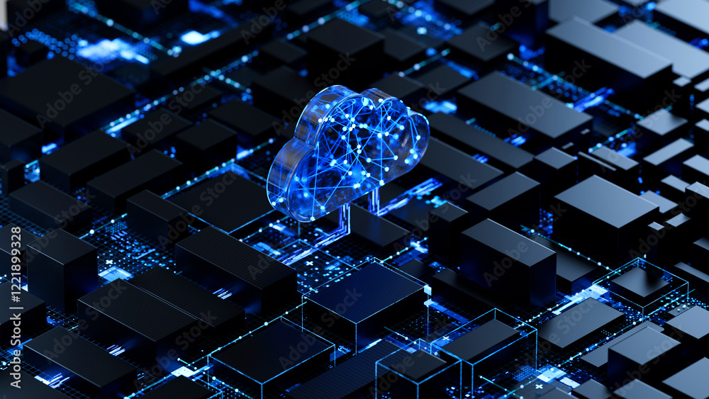 Cloud shape on circuit board symbolizes cloud computing technology and network security concept. 3D rendering, conceptual image.
