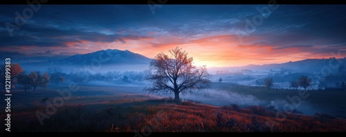 World Meteorological Day style. Serene landscape at sunrise with a lone tree and misty hills. photo