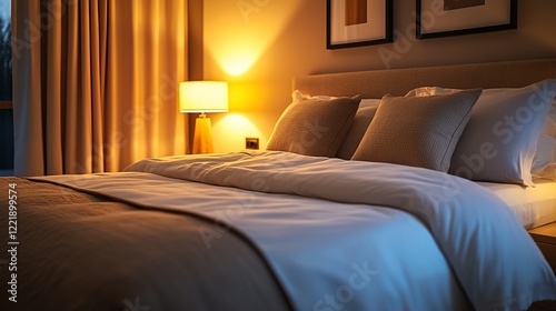Cozy Bedroom Scene Featuring a Soft White Comforter Draped Over a Neatly Made Bed Accompanied by a Stylish Lamp Creating a Relaxing and Inviting Atmosphere for Rest and Relaxation