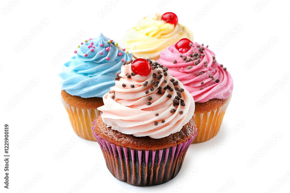 Colorful cupcakes with frosting, and sprinkles isolated on white background. Colorful cupcakes with frosting, and sprinkles isolated on white background.