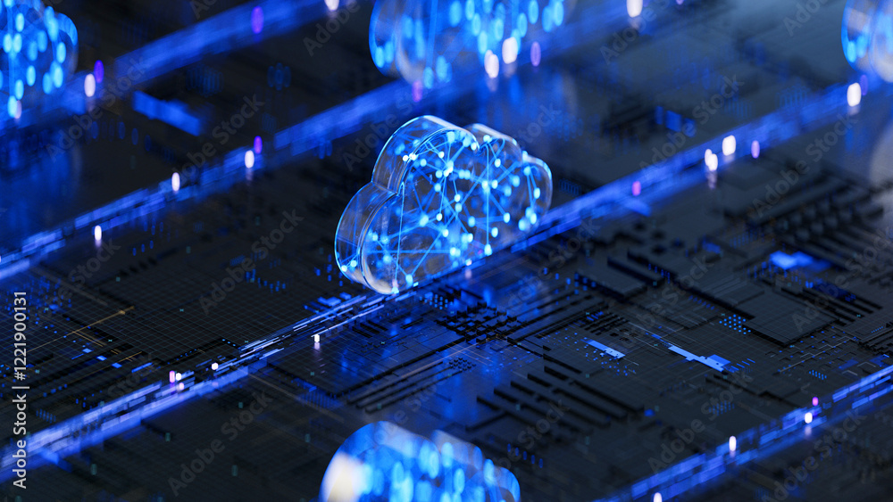 Cloud shape on circuit board symbolizes cloud computing technology and network security concept. 3D rendering, conceptual image.