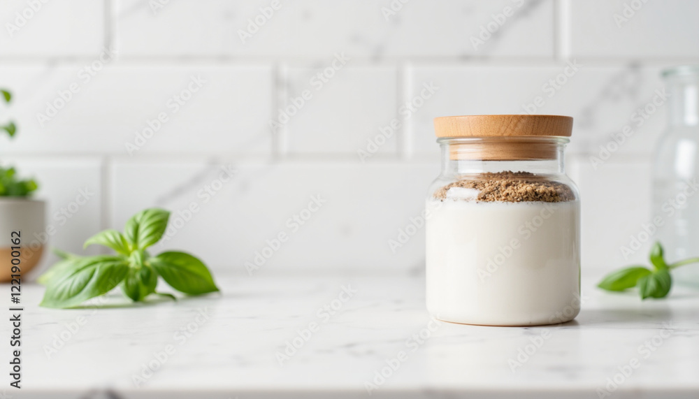 Glass jar with spices on marble countertop Glass jar with spices on marble countertop