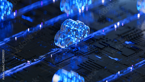 Obraz na płótnie Cloud shape on circuit board symbolizes cloud computing technology and network security concept. 3D rendering, conceptual image. w salonie