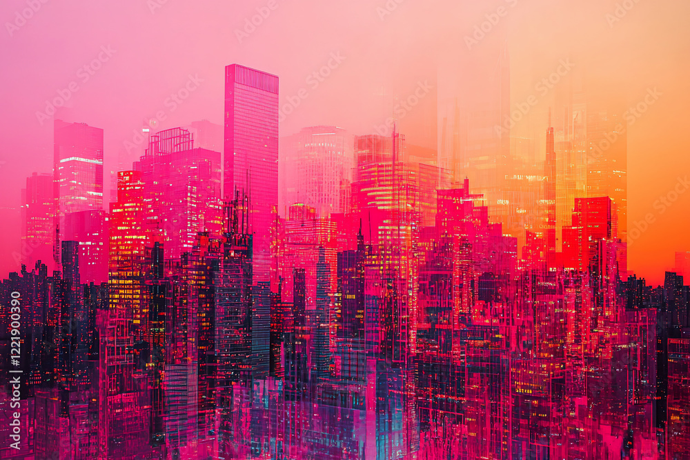 Fototapeta premium Vibrant city skyline at sunset with layered reflections, showcasing urban life and energy