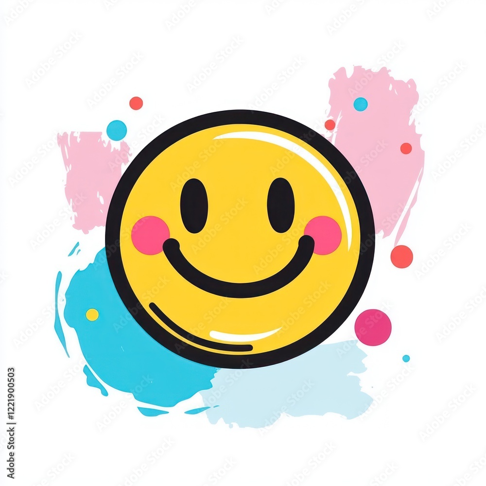 Obraz premium Happy Yellow Smiley Face with Pink Cheeks and Colorful Splashes