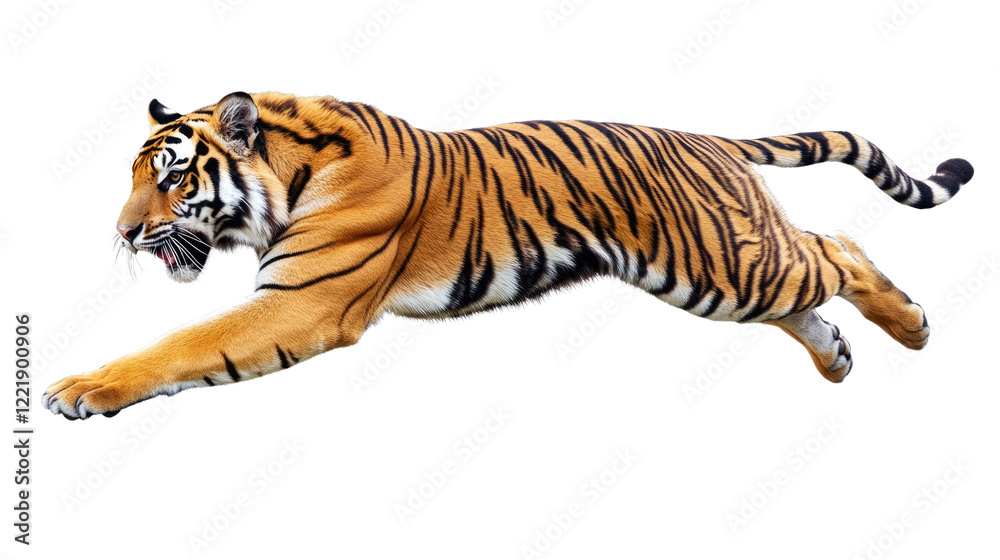 Obraz premium Tiger in Motion: A majestic Bengal tiger leaps with powerful grace, its striped coat and fierce gaze capturing the raw power and agility of this apex predator.
