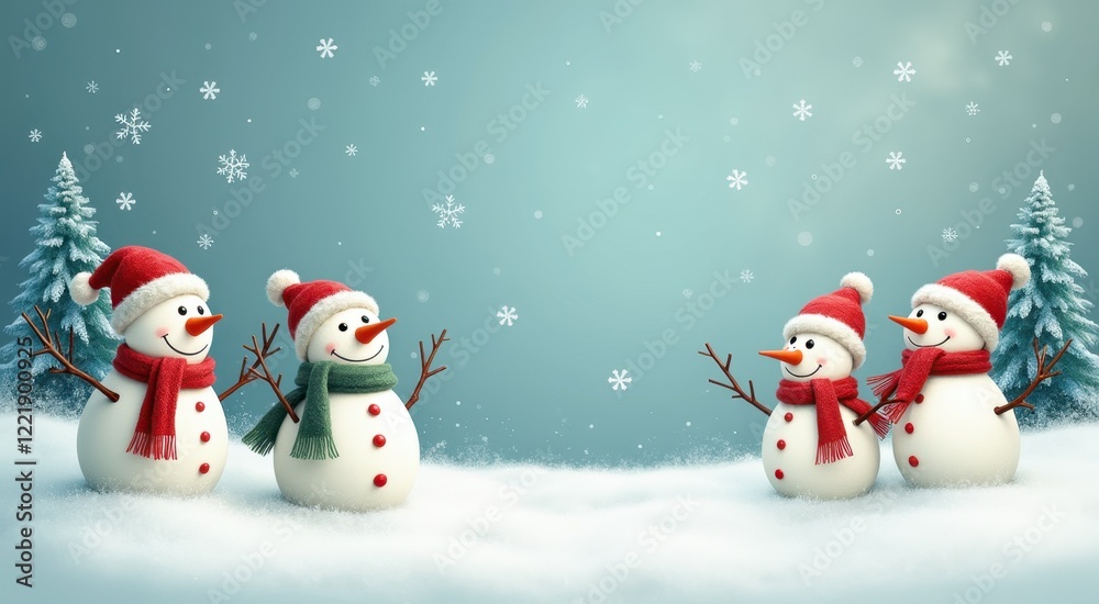 Three snowmen are standing in the snow with hats and scarves