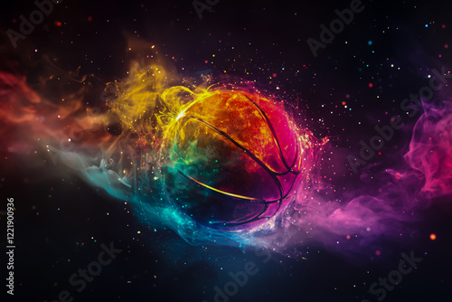 A burst of vibrant color and dynamic energy, the basketball is covered in swirling smoke that mirrors its surface.