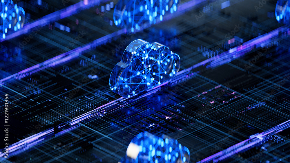 Cloud shape on circuit board symbolizes cloud computing technology and network security concept. 3D rendering, conceptual image.