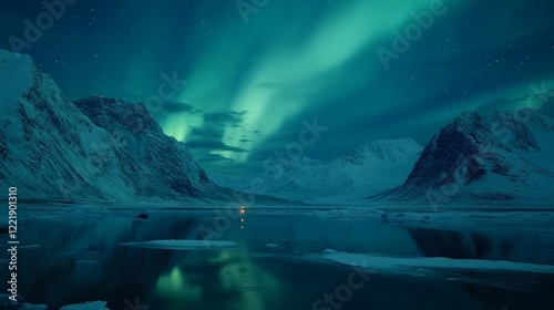 aurora borealis dancing over snow-capped peaks, glacial fjord reflection, turquoise night sky, arctic landscape, crystalline mountains, winding coastal road, starlit atmosphere, frozen wilderness,