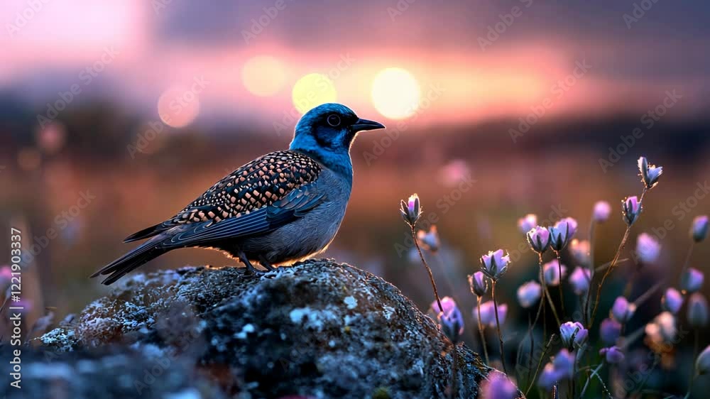 small squail bird on rock at beautiful nature landscape with pink grass field blossoming against sunset light 