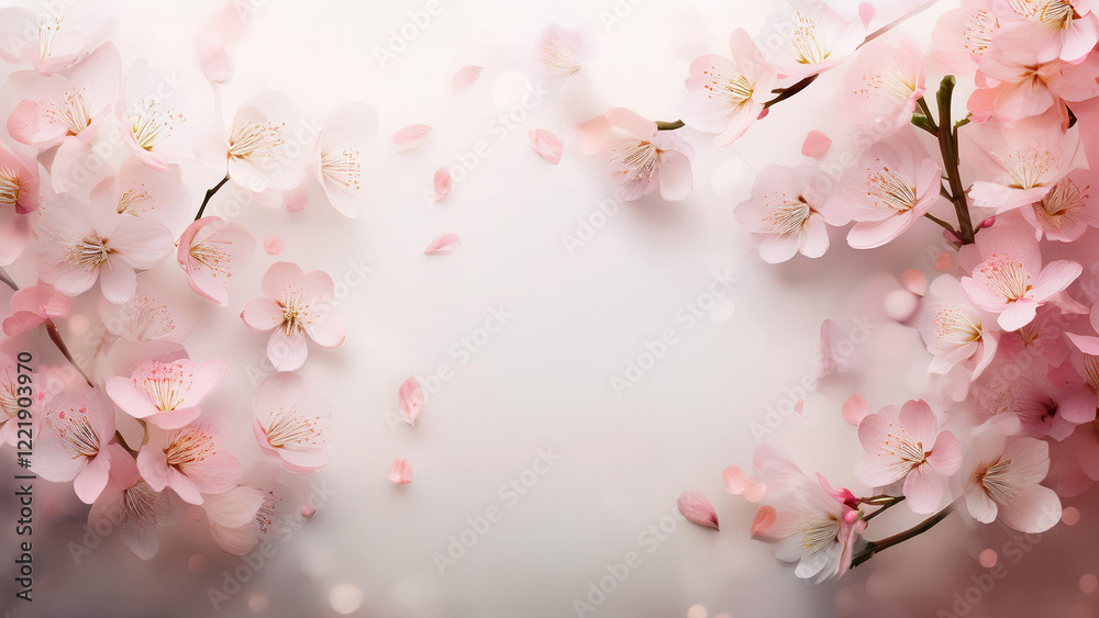 桜の枝と花びらのシンプルな白の背景フレーム 桜の枝と花びらのシンプルな白の背景フレーム