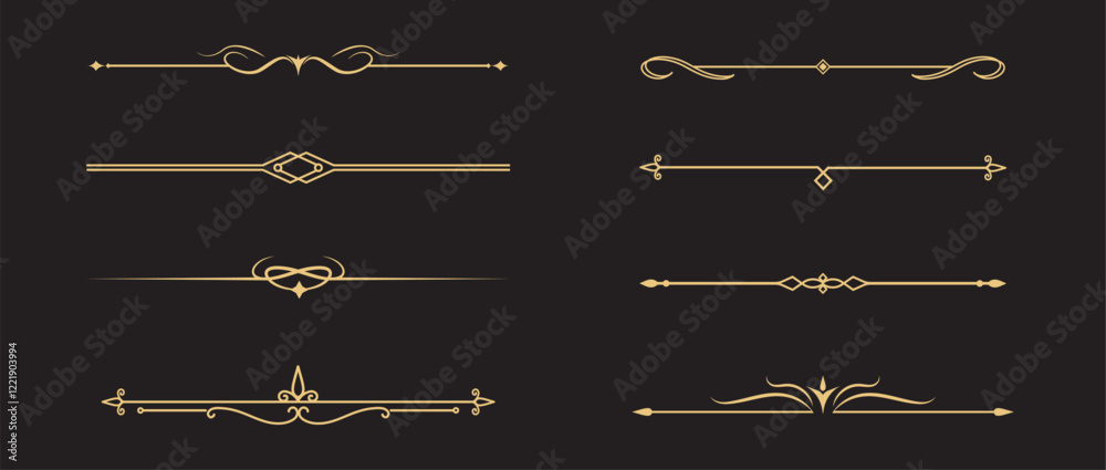 Set of Vintage decorative golden lines. text dividers. Gold line border. Lines separators, Borders, Vintage dividers, Underline elements. Vector illustration