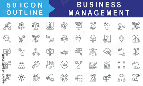 Business Management icon set collection. Consist of Expert opinion, Money loan, Budget balance, Analytics group, Economy, Business network, Time management. Simple vector outline illustration.