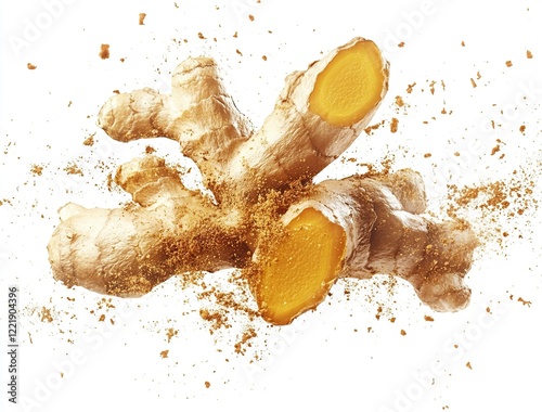 Turmeric and ginger root or rhizome of the plant, isolated on a white background, cutout, PNG file with generative ai