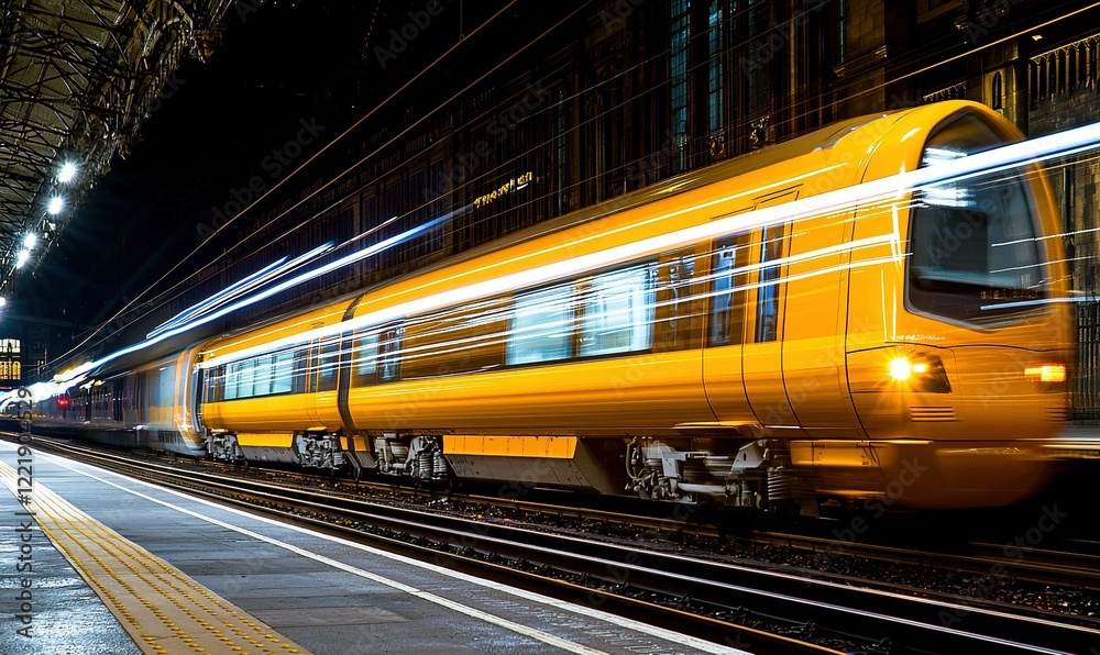 Naklejka premium Yellow train arriving at night station platform with motion blur, ideal for travel projects