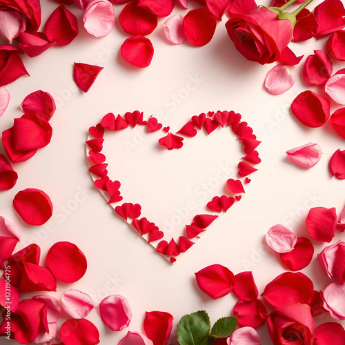 Festive composition from red rose tied gift box and hearts scattered on pink for valentines day