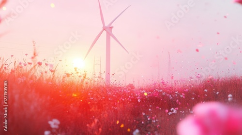 Serene sunset over a wind turbine amidst a vibrant field of blooming flowers, creating a tranquil scene photo