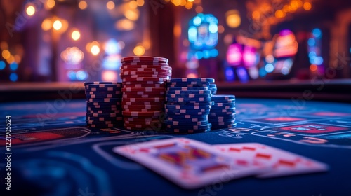 Elegant Baccarat Gaming Table Illuminated with Soft Light, Ready for High-Stakes Gameplay in Luxurious Setting