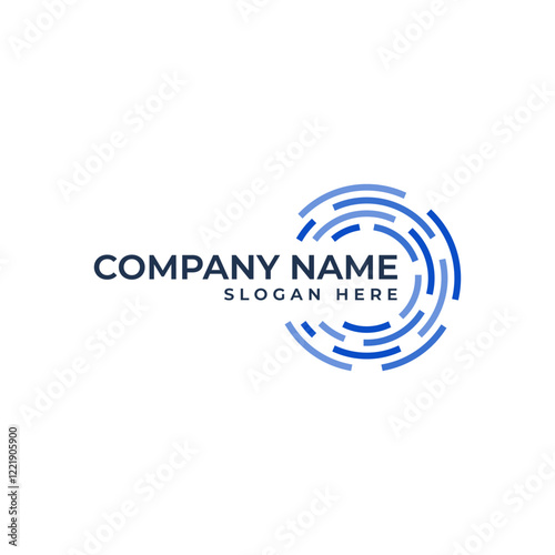 A circular logo with a concentric pattern of blue lines, resembling fingerprint ridges. for industry in the technology, innovation, or security sectors. blue color convey intelligence, and stability