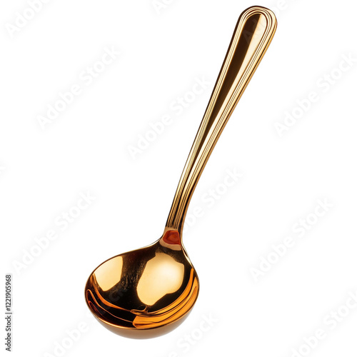 A single gold-colored ladle is shown against a black background  The ladle is polished and reflects light.
