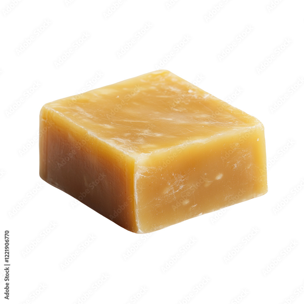 A close-up view of a single, square block of amber-colored soap isolated on a black background. A close-up view of a single, square block of amber-colored soap isolated on a black background.