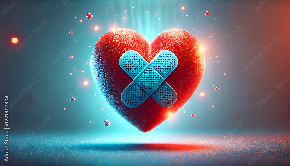 A bright red heart adorned with a bandage, symbolizing emotional healing, love, and recovery in a minimalistic style.. A bright red heart adorned with a bandage, symbolizing emotional healing, love, and recovery in a minimalistic style..