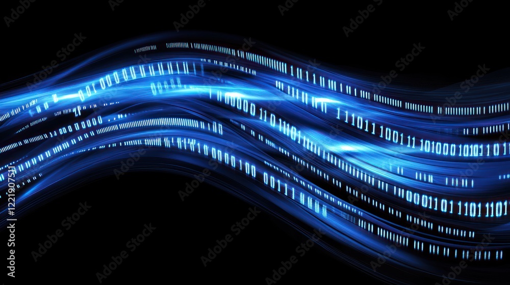 Naklejka premium Abstract Digital Flow: Binary Code in a Dynamic Blue Wave