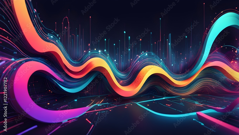 Fototapeta premium Abstract vibrant neon waves and glowing lines form a dynamic data visualization background.