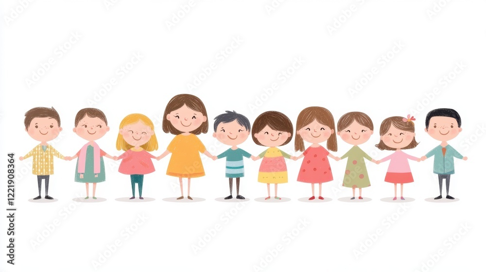 A group of diverse, cartoon children standing in a line, holding hands, showcasing friendship and unity. A group of diverse, cartoon children standing in a line, holding hands, showcasing friendship and unity.