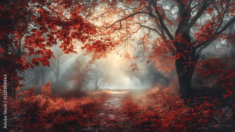 Autumn forest with fog and sunbeams Autumn forest with fog and sunbeams