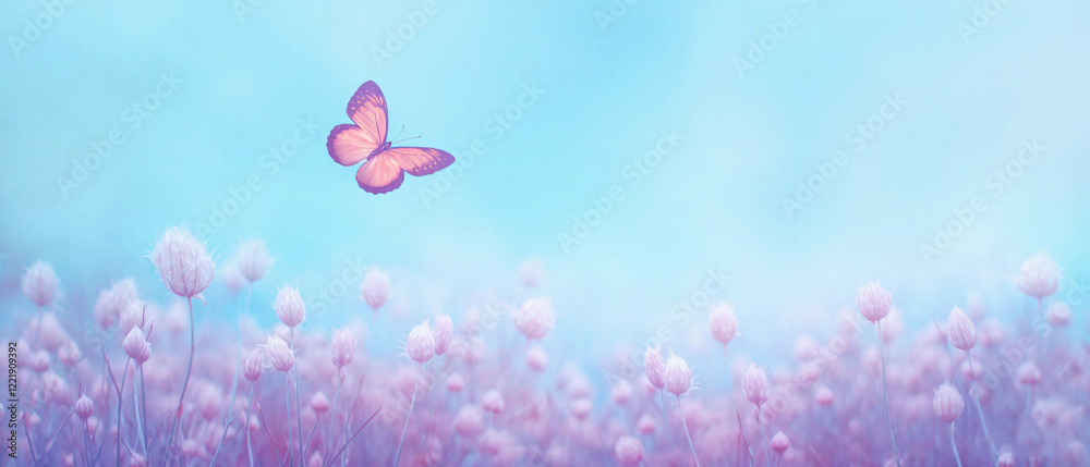 Obraz premium Fluffy lilac flowers with butterflies fluttering under a blue sky, creating a dreamy spring scene with a soft focus. Made with generative AI