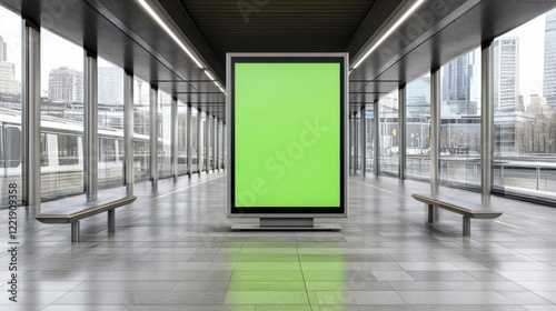 A modern indoor space featuring a blank green billboard for advertising.