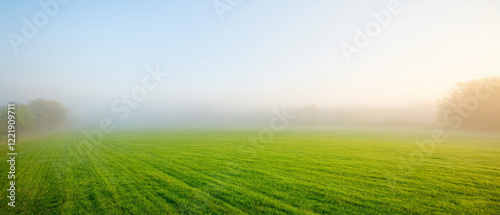 Freshly cut grass with morning fog in a serene summer landscape. Made with generative AI