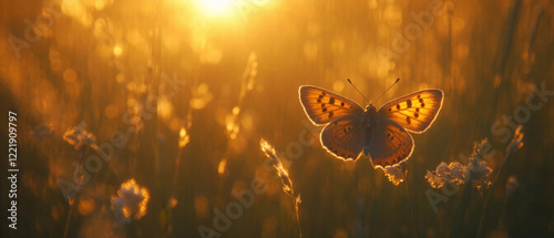Golden butterfly illuminated by sunset rays, perched on wild grass in a summer meadow. Macro shot capturing the delicate beauty of nature in soft, romantic light. Made with generative AI