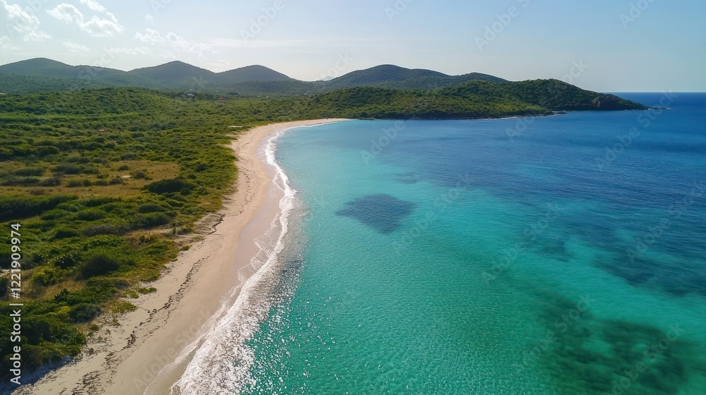 Aerial view of a pristine beach with turquoise water and green hills in the background Aerial view of a pristine beach with turquoise water and green hills in the background