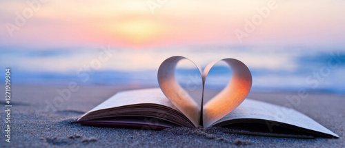 Heart shape formed by folding pages of a book placed on sandy beach, capturing a romantic Valentine’s Day vibe. Made with generative AI