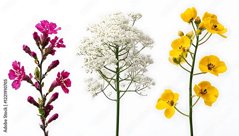 Obraz premium Minimalist Arrangement of Three Flower Stems on White Background