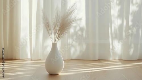 minimalist still life featuring a pure white sculptural ceramic vase with wispy pampas grass set against light wood in soft natural lighting