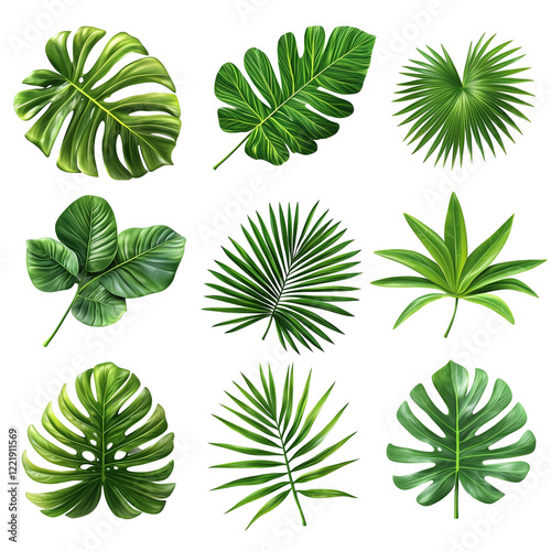 Different palm leaves, monstera, exotic plants on white background, tropical collection isolated on white background 