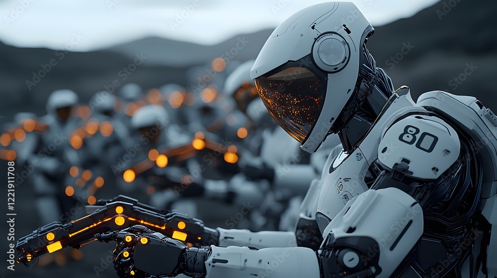 Fototapeta premium Futuristic Robots with Glowing Arms Supporting Each Other in a High-Tech Environment