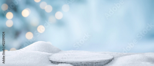 Snowy Christmas background with snowdrifts and blurred festive lights on a light blue backdrop, perfect for holiday themes with copy space. Made with generative AI