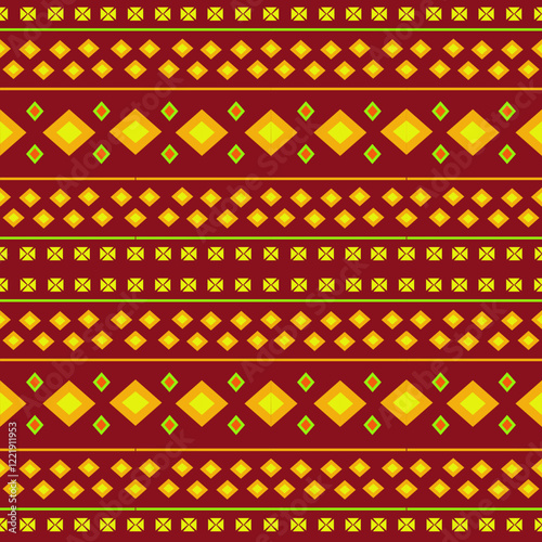 This visually striking pattern features a bold, geometric design with a rich, earthy color palette of deep reds and vibrant golds.