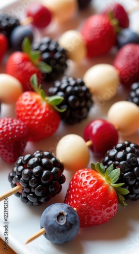 A close up of a plate of fruit skewers with berries and blueberries