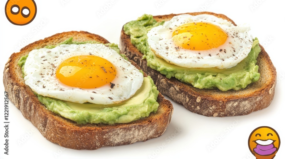 Avocado Toast with Poached Eggs on White Background Avocado Toast with Poached Eggs on White Background